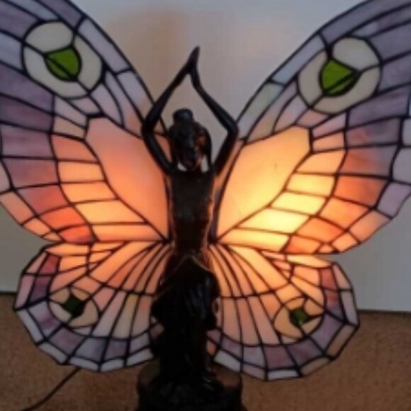 Beautiful Vintage Art Nouveau Tiffany Style Stained-Glass Butterfly Lady Lamp - Picture 2 of 6